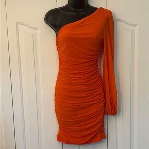 Anrabess Chic One-Shoulder Dress Orange Women Size Small